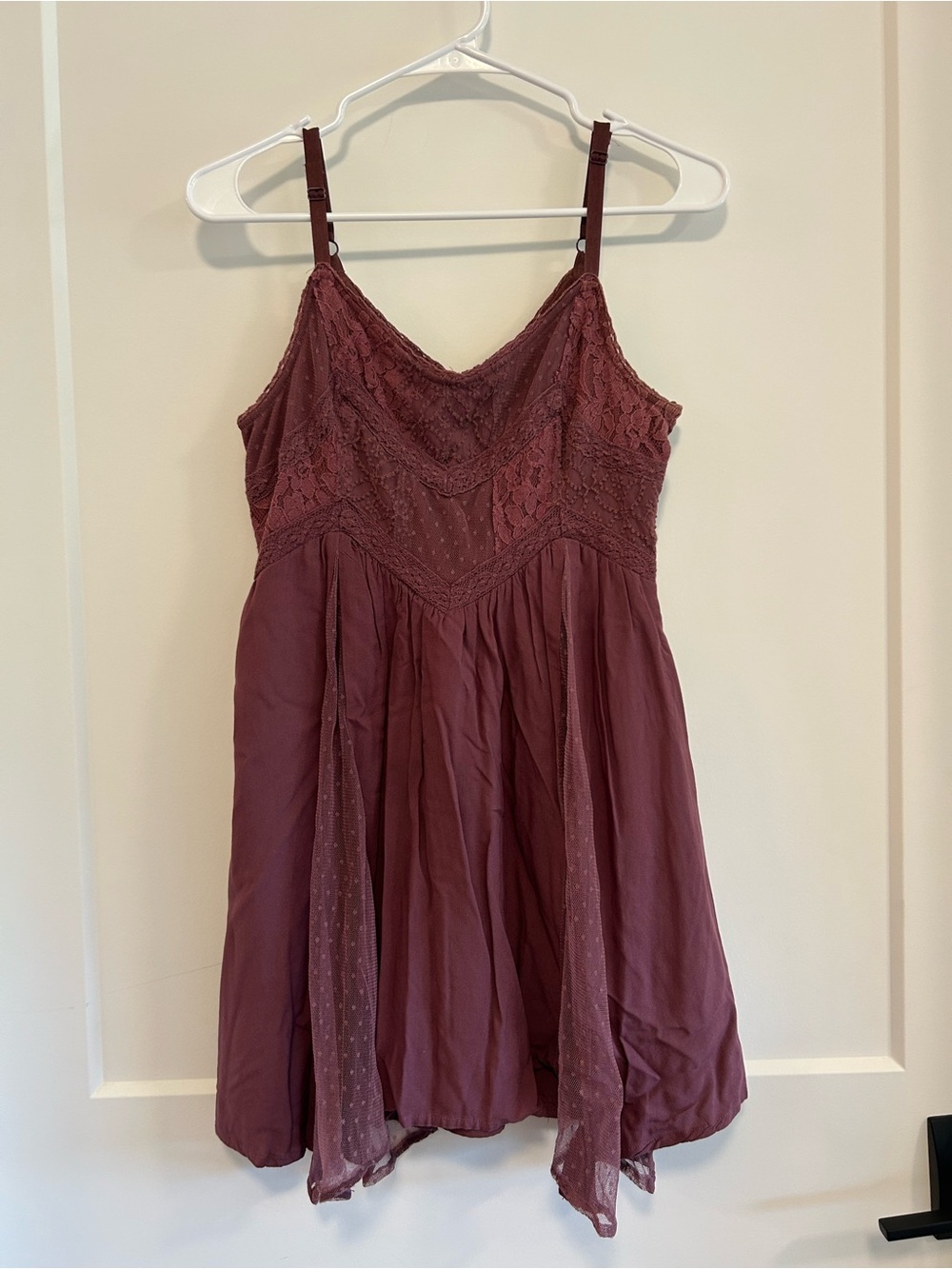 American Eagle Outfitters Lace Paneled Handkerchief Dress Burgundy